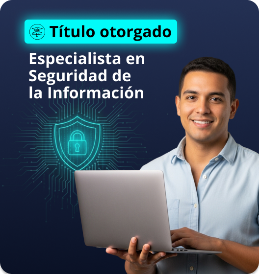 Banner vertical con profesional sosteniendo computador portátil para seguridad de la información virtual.